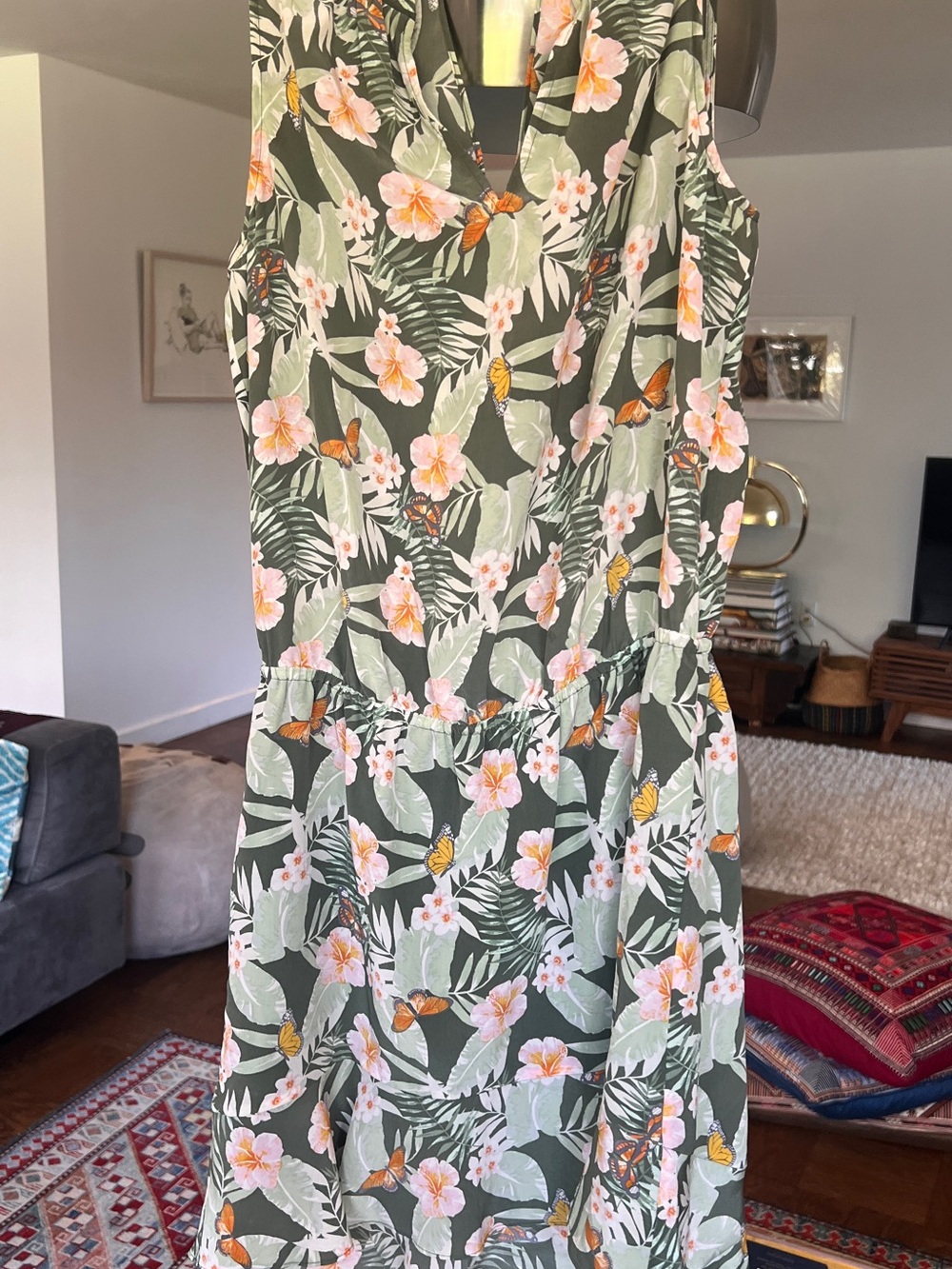 Joie Olive Green Floral & Butterfly Midi Dress